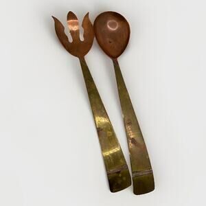 Brass and Copper Spoon & Fork Three Crown Silversmith mid century 1950s 12”